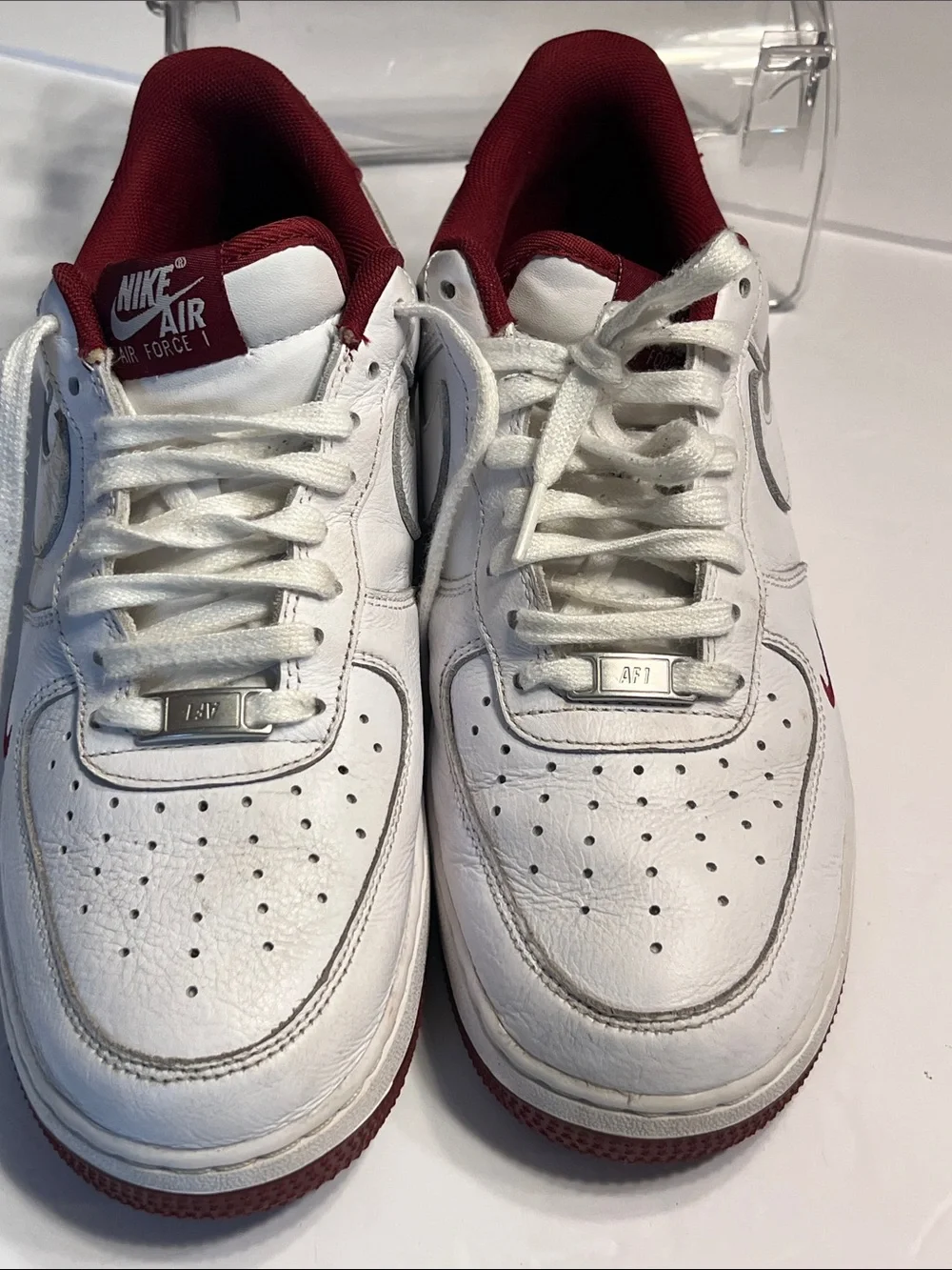 Men's White Sneakers with Burgundy Collar and Outsole